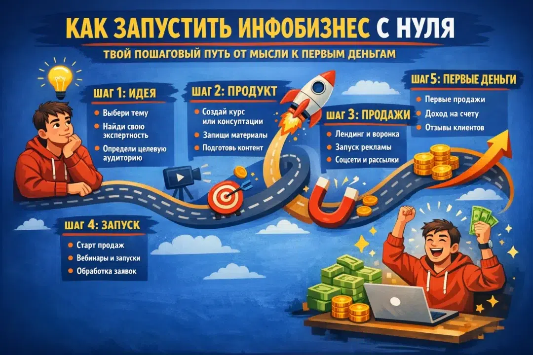 Схема запуска инфобизнеса с нуля для новичков: от идеи до первых клиентов. Визуализация простых шагов.