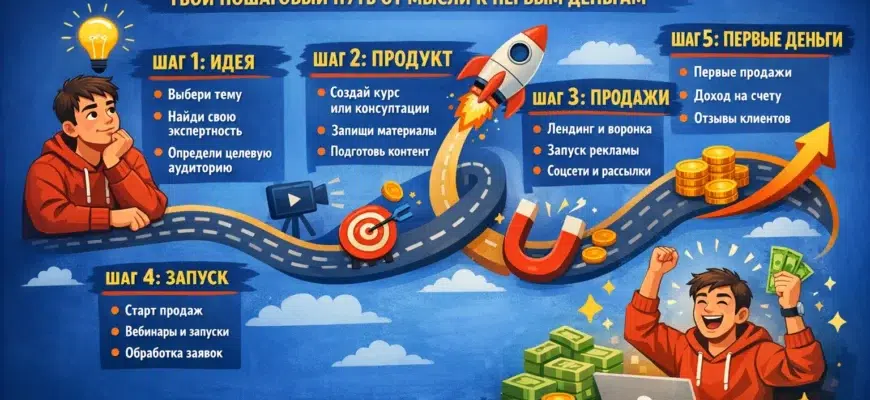 Схема запуска инфобизнеса с нуля для новичков: от идеи до первых клиентов. Визуализация простых шагов.