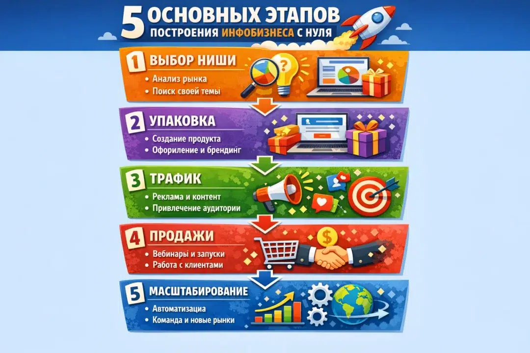 Инфографика: как превратить хобби и экспертизу в успешный инфобизнес с нуля. График роста дохода и ключевые действия.