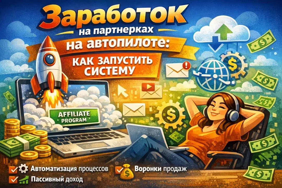 Сравнение хаотичного и системного подхода к заработку на партнерках: слева — человек в стрессе среди множества задач, справа — автоматизированная воронка продаж, приносящая стабильный доход.