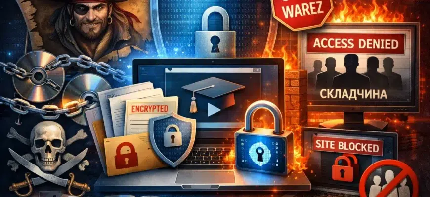 Щит с тремя уровнями защиты интеллектуальной собственности: замок (шифрование), перечеркнутая камера (блокировка записи), ID-карта (идентификация нарушителя).